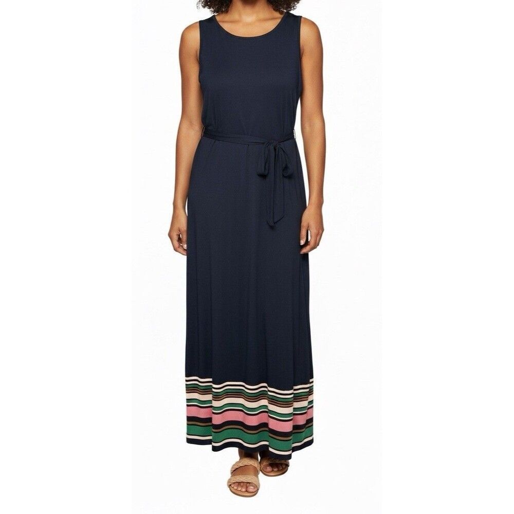 J. Jill Maxi Dress Women’s Size Medium Navy Blue Stripes Waist Tie Sleeveless